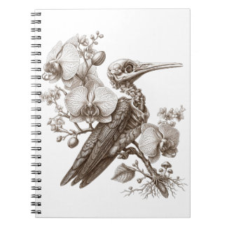 Vintage Bird Skeleton and Orchid Flowers Engraving Notebook
