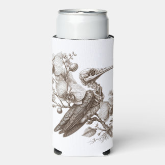 Vintage Bird Skeleton and Orchid Flowers Engraving Seltzer Can Cooler