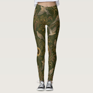 Vintage Bird & Sunflower Pattern Dark Green Bota Leggings
