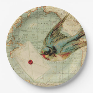 Vintage Bird with letter on an antique map Paper Plate