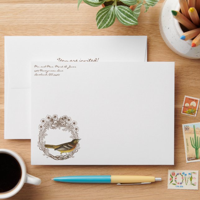 Vintage Bird Wreath Wedding Envelopes (Desk)