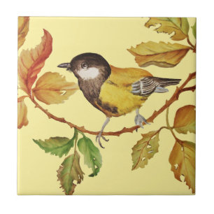 Vintage Bird Yellow Black and Leaves Tile