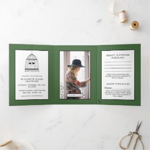 Vintage Birdcage Artichoke Green Baby Shower Suite Tri-Fold Invitation