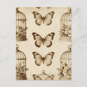 Vintage Birdcage Butterfly Rose Sepia Pattern Postcard