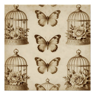 Vintage Birdcage Butterfly Rose Sepia Pattern Poster