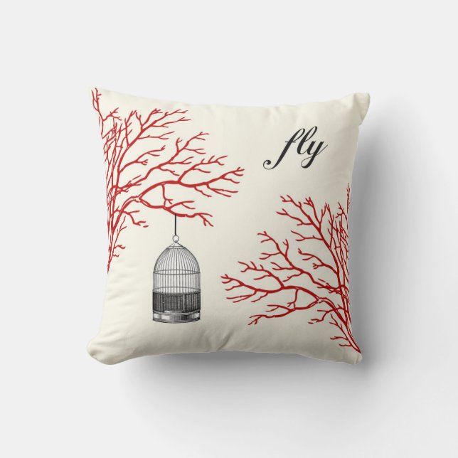Vintage Birdcage Red Branches "fly" Pillow (Front)
