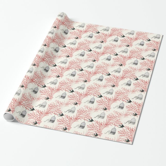 Vintage Birdcage Red Branches "fly" Wrapping Paper (Unrolled)