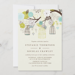 VINTAGE BIRDCAGES FLORAL SPRING WEDDING INVITATION