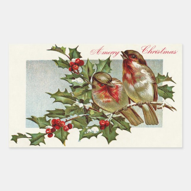 Vintage Birds and Holly Christmas Rectangular Sticker (Front)