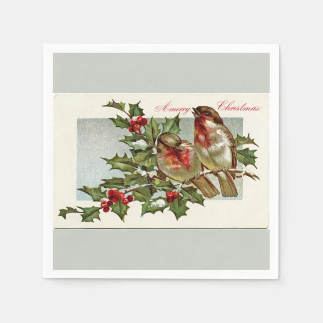 Vintage Birds and Holly Grey Christmas Napkin (Front)