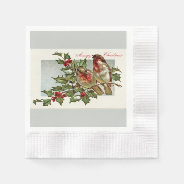 Vintage Birds and Holly Grey Christmas Napkin (Front)