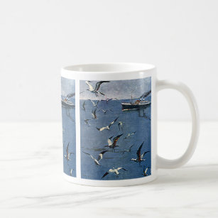 Vintage Birds Animals, Seagulls and Fishing Boats Coffee Mug