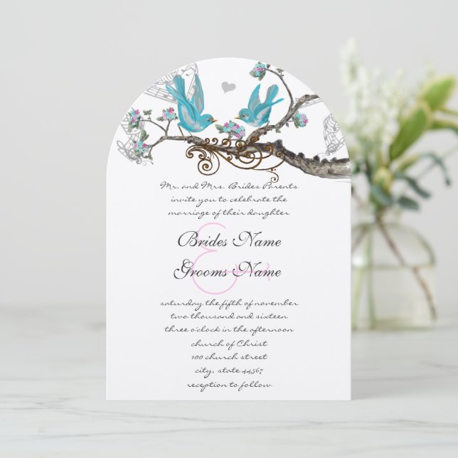 Vintage Birds Aqua & Hot PinkWedding Invite (Standing Front)