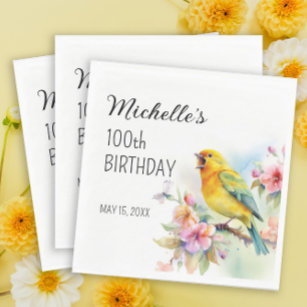 Vintage Birds Canaries Flowers 100th Birthday Napkin