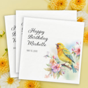 Vintage Birds Canaries Flowers Happy Birthday Napkin