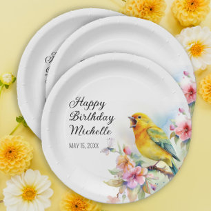 Vintage Birds Canaries Flowers Happy Birthday Paper Plate