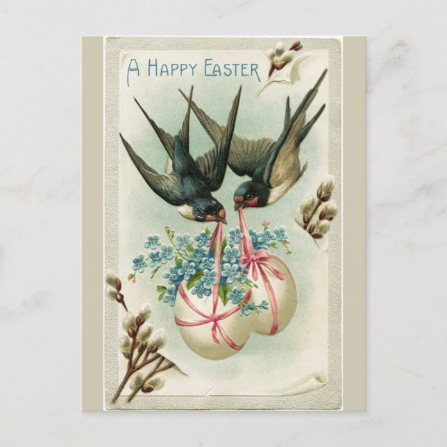 Vintage Birds Carrying Easter Eggs Yellow Holiday Postcard (Front)