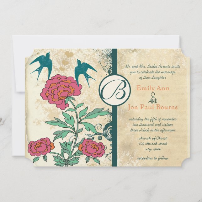 Vintage Birds Damask Cabbage Rose Wedding Invites (Front)