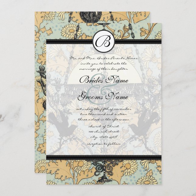 Vintage Birds Damask Chandelier Wedding Invitation (Front/Back)