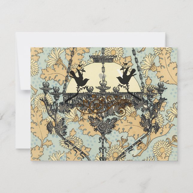 Vintage Birds Damask Chandelier Wedding RSVP Card (Front)