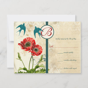 Vintage Birds Damask Poppy Wedding Invitation