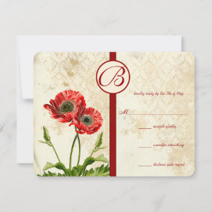 Vintage Birds Damask Poppy Wedding RSVP Card