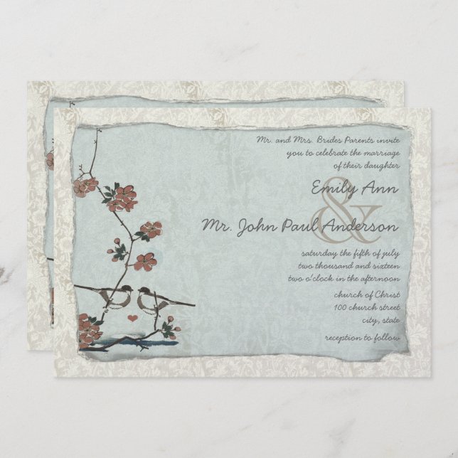 Vintage Birds Damask Wedding Invitations (Front/Back)