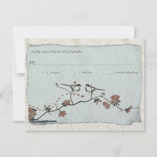 Vintage Birds Damask Wedding RSVP Card (Front)