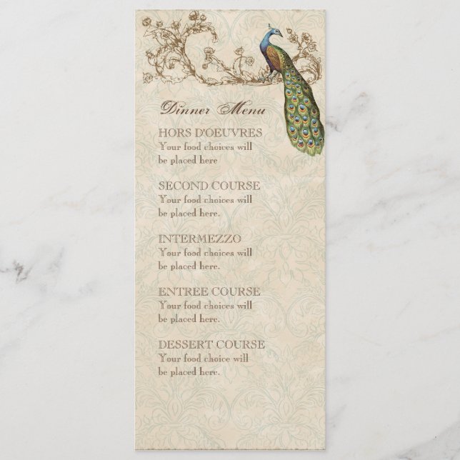Vintage Birds Dark Teal Blue, Dinner Menu Card (Front)