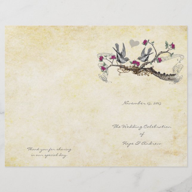 Vintage Birds Fuchsia & Grey Wedding Program (Front)