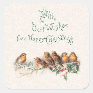 Vintage Birds, Holly and Christmas Greeting Square Sticker