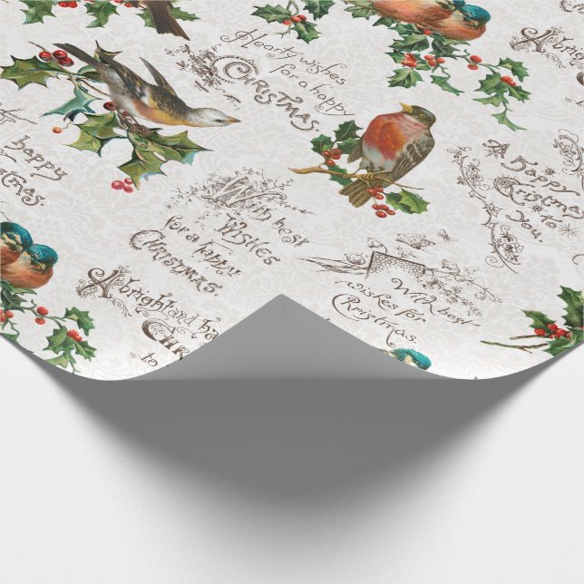 Vintage Birds, Holly & Christmas Greetings Wrapping Paper (Corner)