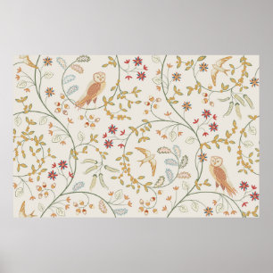 Vintage birds in foliage with flowers seamless pat poster
