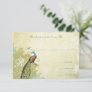 Vintage Birds Lagoon Endive Aged Damask RSVP Card