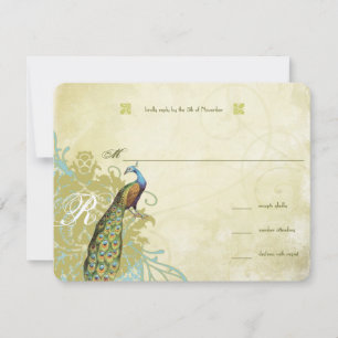 Vintage Birds Lagoon Endive Aged Damask RSVP Card