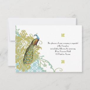 Vintage Birds Lagoon Endive Damask Reception Card