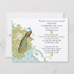 Vintage Birds Lagoon Endive Damask Reception Card