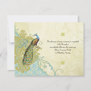 Vintage Birds Lagoon Endive Damask Reception Card