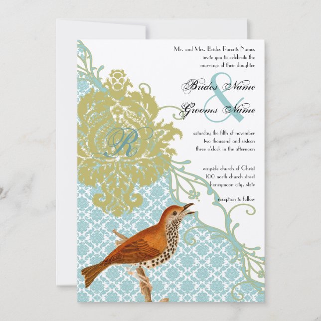 Vintage Birds Lagoon Endive Damask Wedding Invitation (Front)