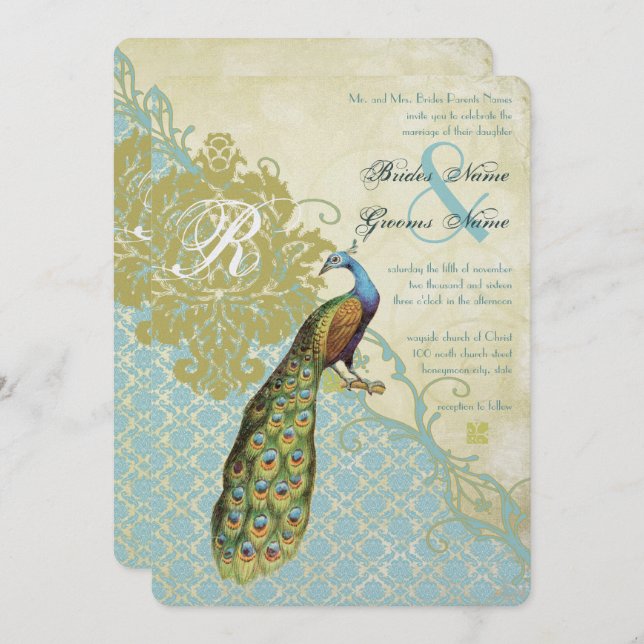 Vintage Birds Lagoon Endive Damask Wedding Invitation (Front/Back)