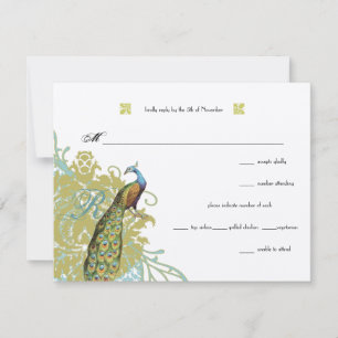 Vintage Birds Lagoon Endive Damask Wedding RSVP