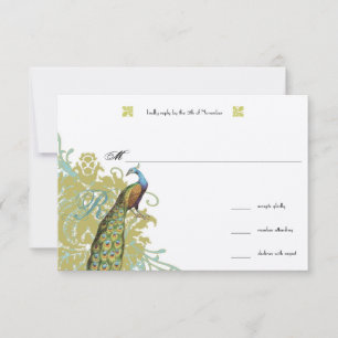 Vintage Birds Lagoon Endive Damask Wedding RSVP Card