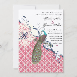 Vintage Birds Navy Deep Raspberry Damask Wedding Invitation