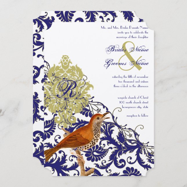 Vintage Birds Navy Endive Damask Wedding Invitation (Front/Back)