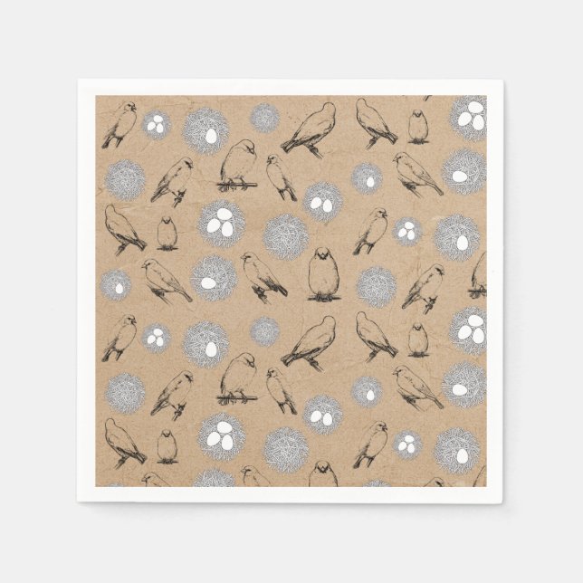 Vintage Birds & Nest Rustic Kraft Brown Napkin (Front)
