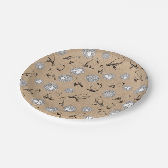 Vintage Birds & Nest Rustic Kraft Brown Paper Plate (Angled)