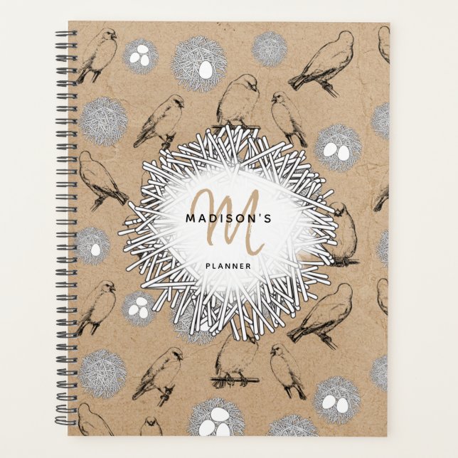 Vintage Birds & Nest Rustic Kraft Brown Planner (Front)