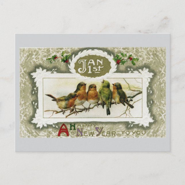 Vintage Birds New Year Postcard (Front)