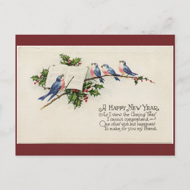 Vintage Birds New Year Postcard (Front)