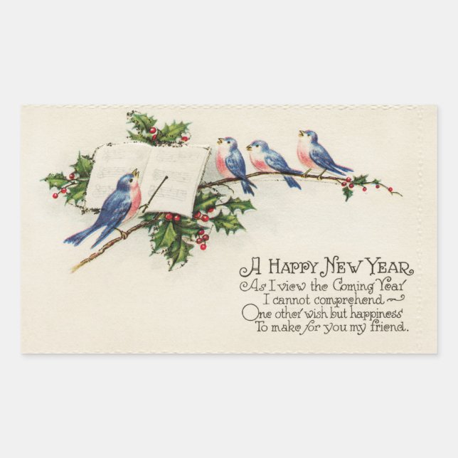 Vintage Birds New Year Rectangular Sticker (Front)